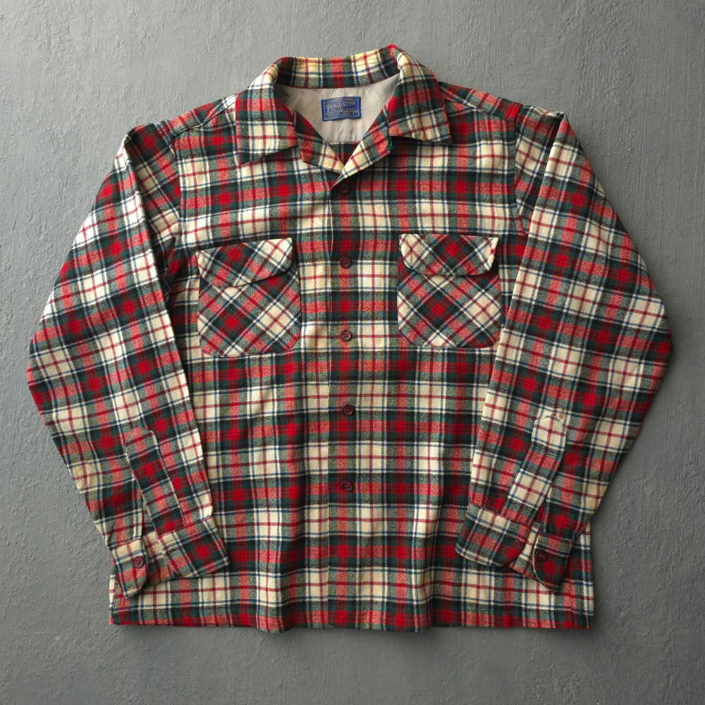 Vintage 1950s Pendleton Red Plaid Wool Board Shirt Large Made in USA